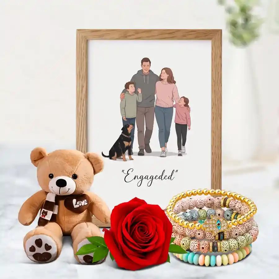 Token of Affection Gift Set featuring a "Together Forever" Wooden Wall Stick, a Beads Bracelet, a 3-inch Teddy, and a fresh Rose arranged beautifully.