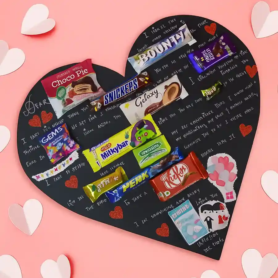 Heart-shaped chocolate message card with assorted treats like Kit Kat, Snickers, and Bounty inside.