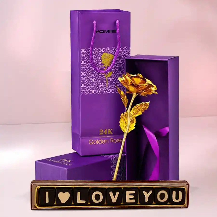 Splendid Golden Rose and Love You Chocolates Gift Set featuring a gold-plated rose and a box of 27 heart-shaped chocolates with sweet messages