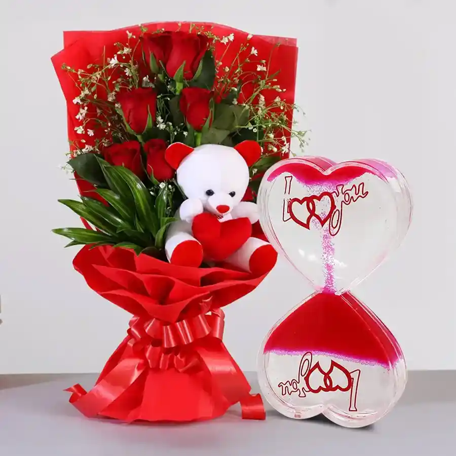 Heartfelt Valentines Love Gift Hamper featuring a cuddly Teddy Rose Bouquet and a unique Love Timer