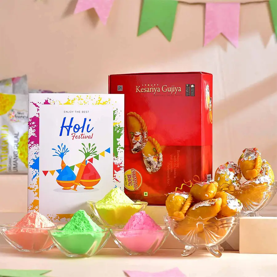 Blissful Holi Treats and Gifts Hamper featuring Chhappan Bhog Kesariya Gujiya, Organic Gulals, and a Customized Holi Card