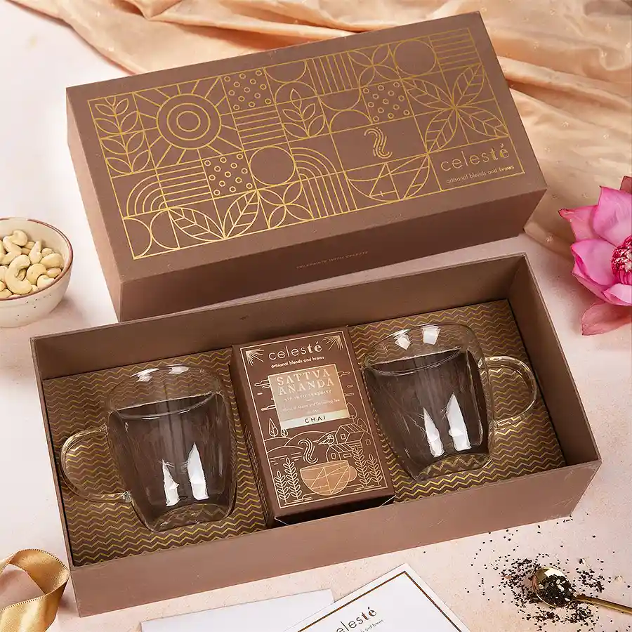 Tea Lovers Treasure Gift Box featuring Sattva Ananda Chai, two double-walled tea cups, and elegant packaging.