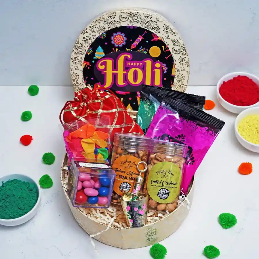 Festive Delight Gift Set including treats and colorful Holi elements