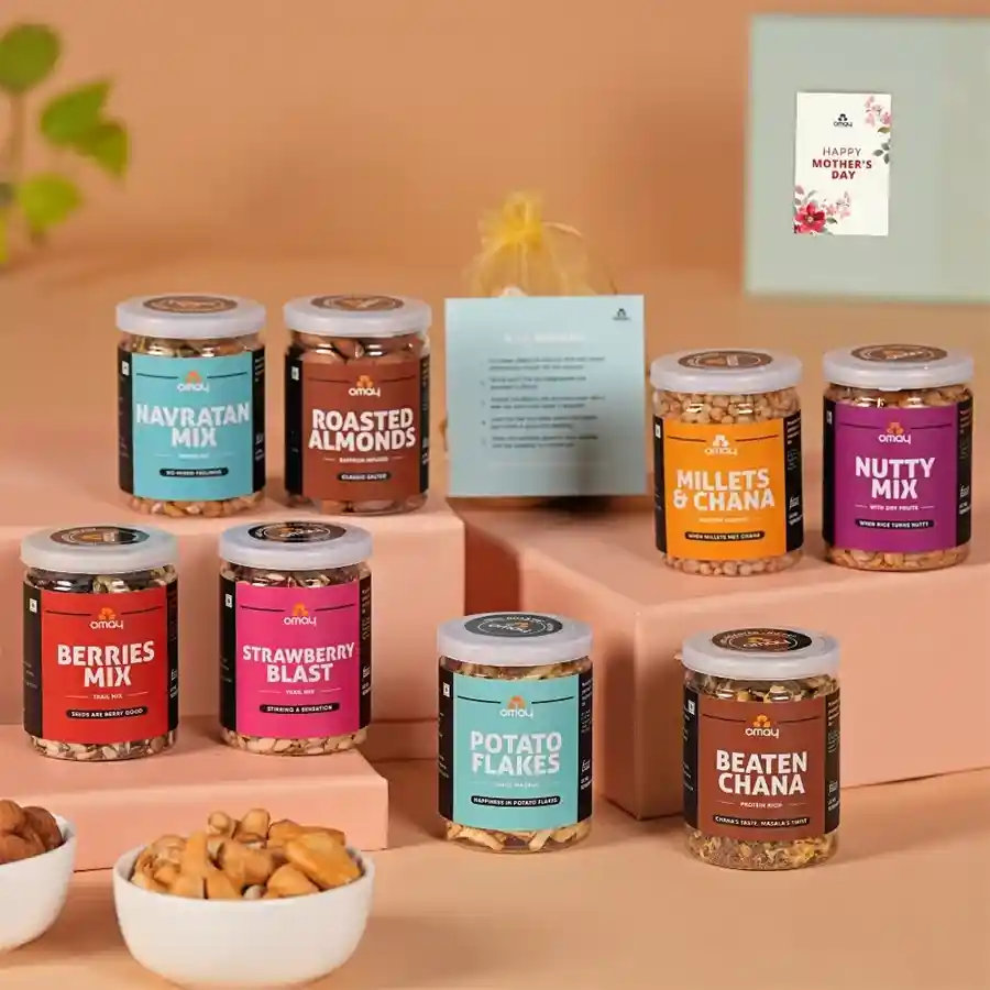 Blissful Nutty Delights N DIY Kit for Mother's Day featuring gourmet snacks, a DIY grow kit, and a Mother's Day card in a premium gift box.