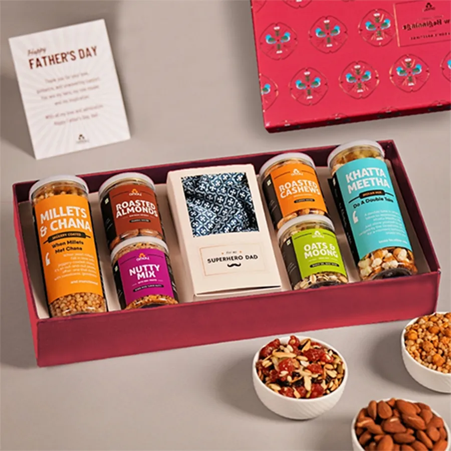 Luxurious Father's Day Snacks Hamper featuring Khatta Meetha, Roasted Almonds, Oats N Moong, and Nutty Mix with Dry Fruits in a premium satin pocket square box.
