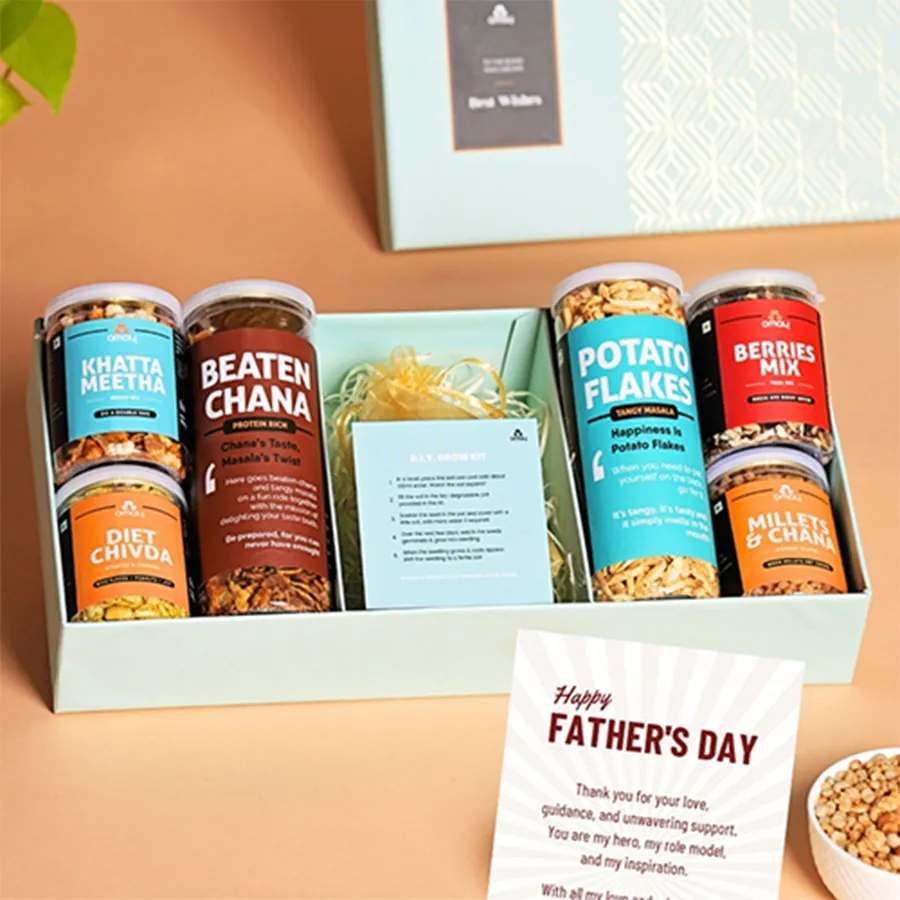 Father's Day Delight Hamper with healthy snacks, a DIY Grow Kit, and a card.