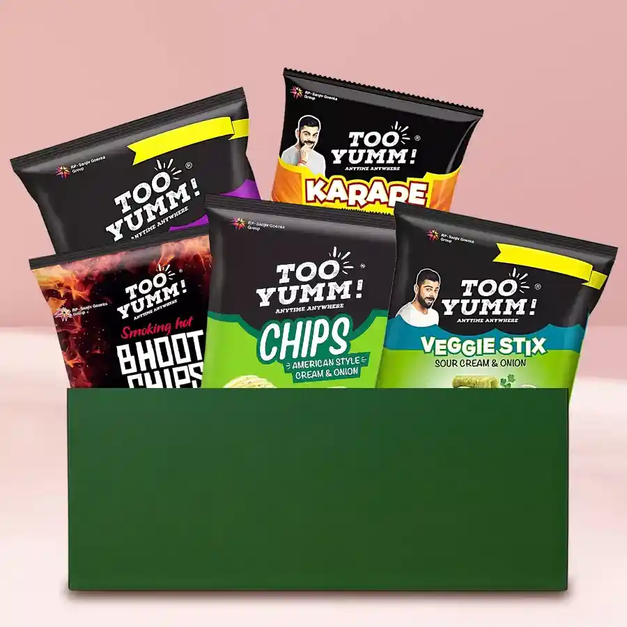 Exquisite Too Yumm Snacks Gift Set featuring a variety of chips and snacks in a stylish basket