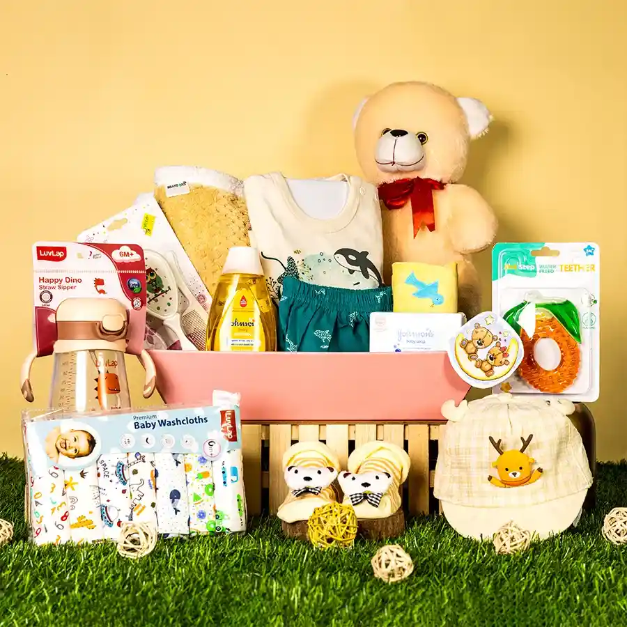 Cozy Baby Care N Teddy Combo with shampoo, soap, washcloths, bootie socks, fleece blanket, teddy bear, baby cap, towel, and teether.