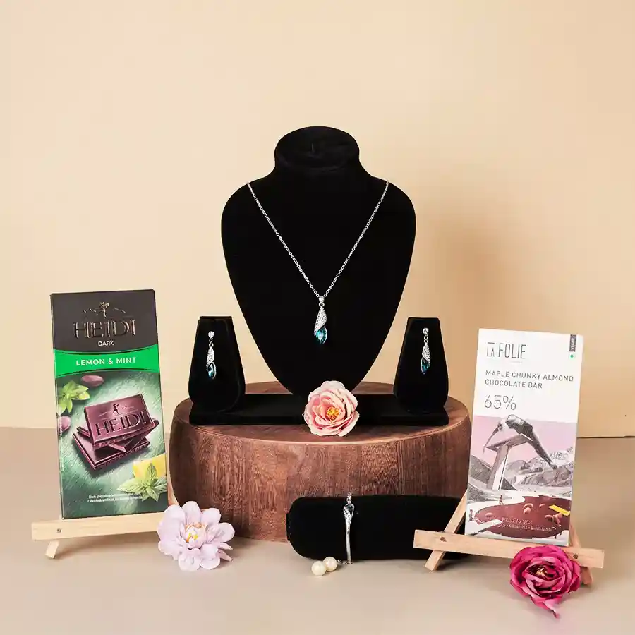 Indulgent Dark Chocolate and Crystal Jewellery Gift Box featuring chocolates and elegant jewellery pieces