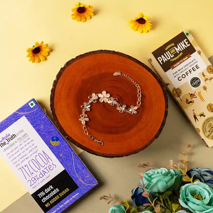 Exquisite Chocolates and Rose Gold Bracelet Gift Set displayed together