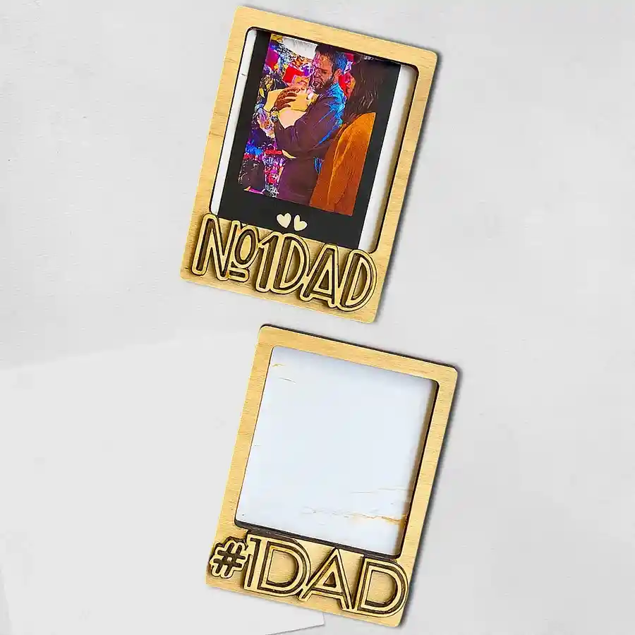 Two personalized 4x3" photo frame magnets featuring memories of a father and child, designed for Father's Day gift giving.