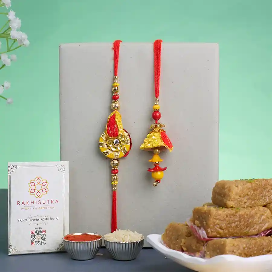 Fancy Bhai Bhabhi Zardosi Rakhi with Mini Milk Cake, Roli, Tika, Chawal, and a heartfelt message card