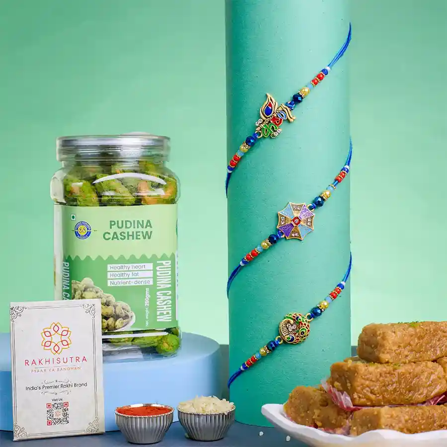 Premium Kundan Rakhi Set with Mini Milk Cake and Red Chilli Cashews