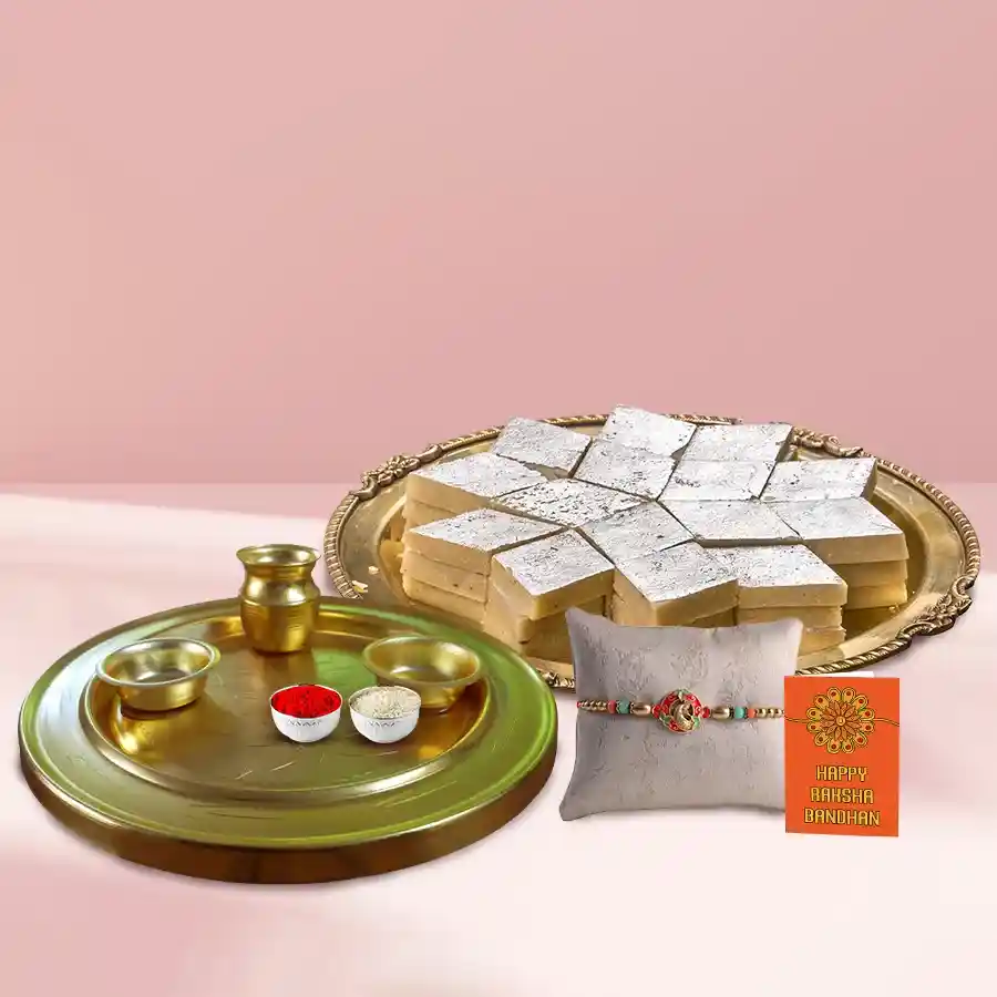 Gold Plated Pooja Thali with Haldirams Kaju Katli, Roli, Tilak, Chawal, and a free Rakhi