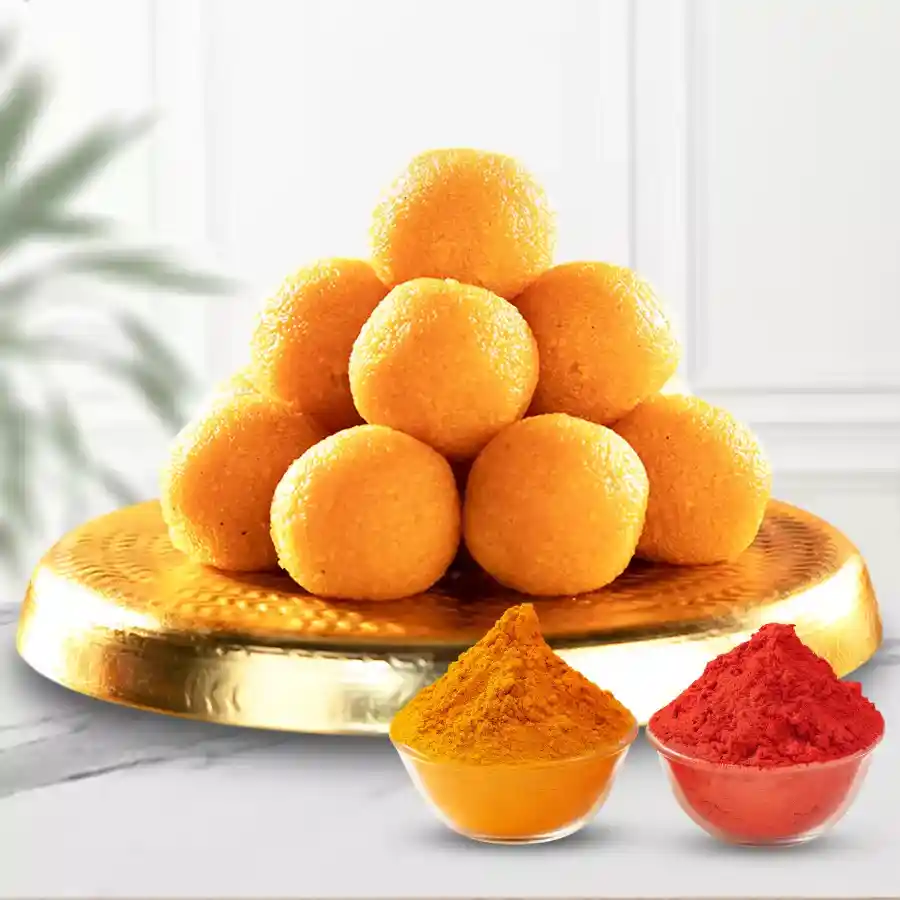 Haldiram's ½ kg box of Motichur Laddoos with a vibrant Gulal/Abir pouch