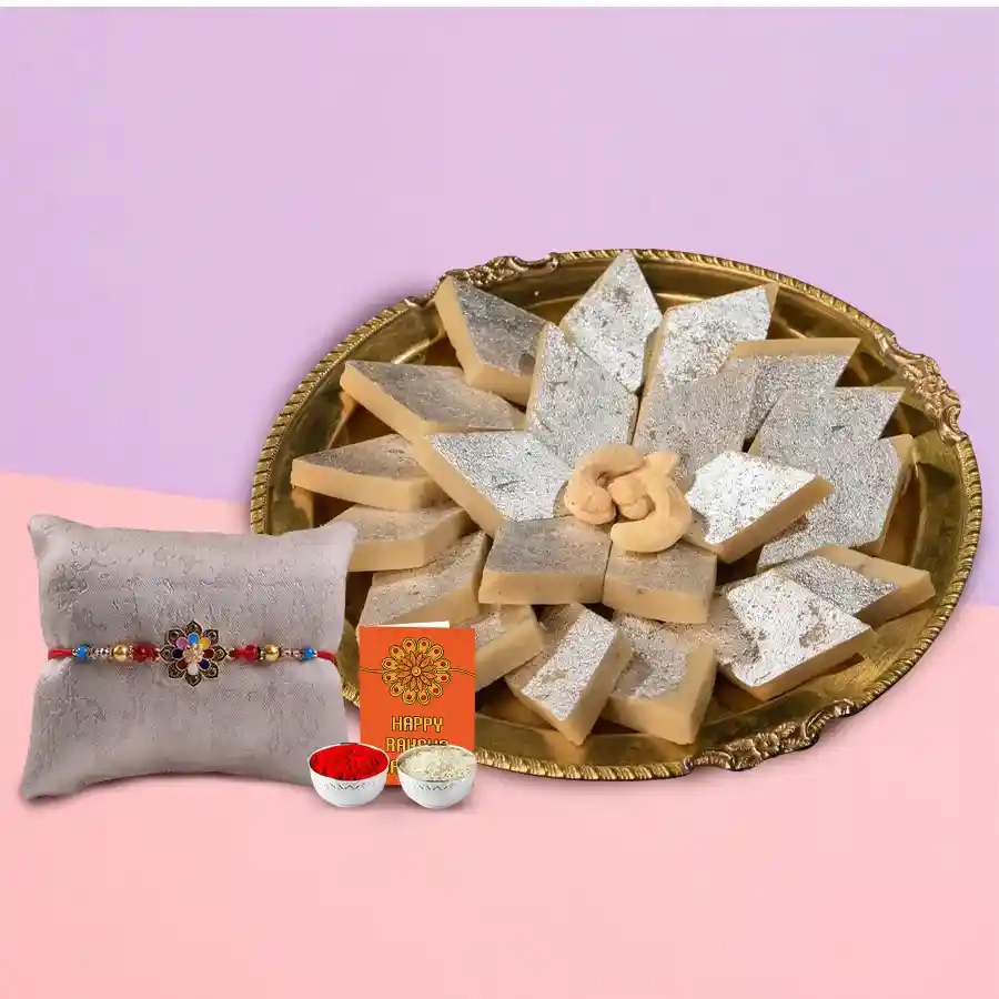 Haldiram Kaju Katli 500g gift-wrapped with Rakhi, Roli Tilak, and Chawal