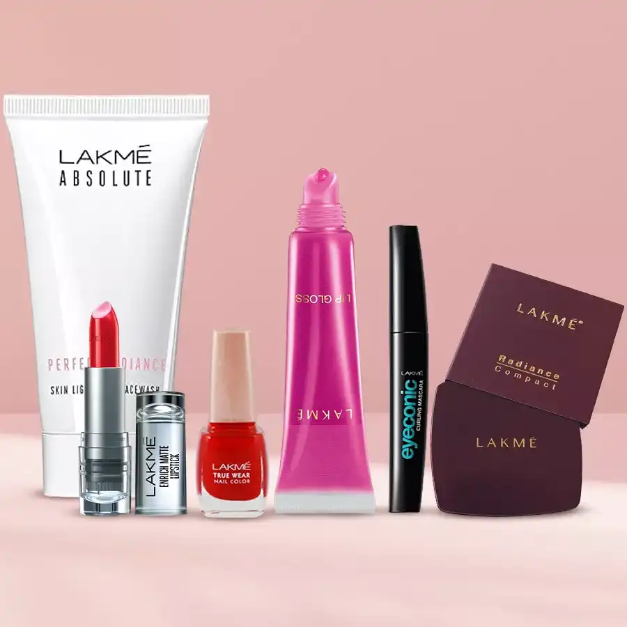 Marvelous Lakme Make Up Gift Hamper featuring facewash, lipstick, nail color, lip gloss, mascara, and compact powder arranged in an elegant presentation.