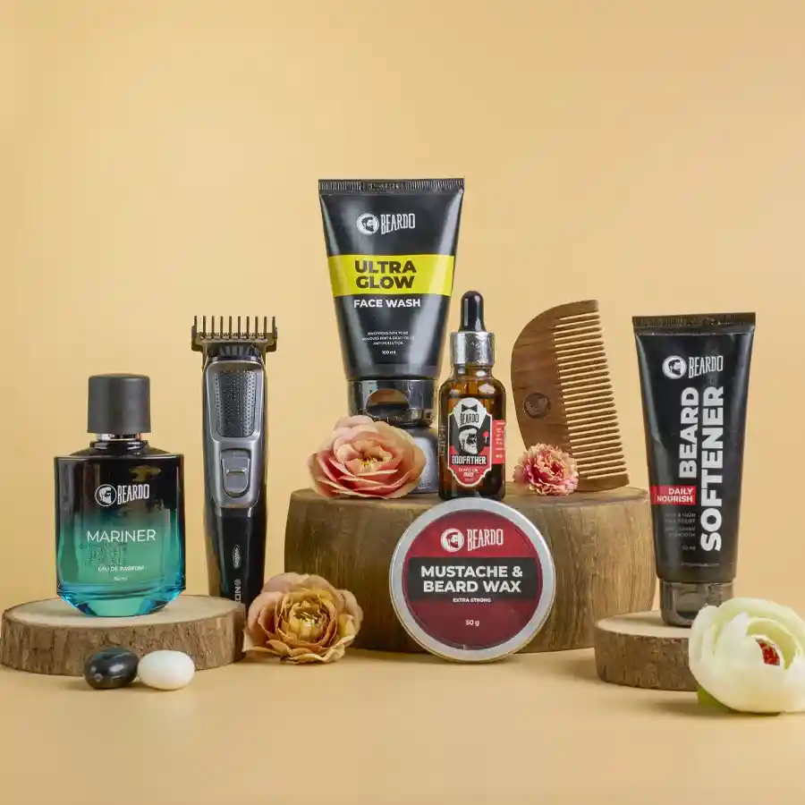 Complete Beardo Beard Care and Trimming Gift Set displayed in a reusable designer basket, including an EDP, beard oil, softener, face wash, wax, a trimmer, and a wooden comb.