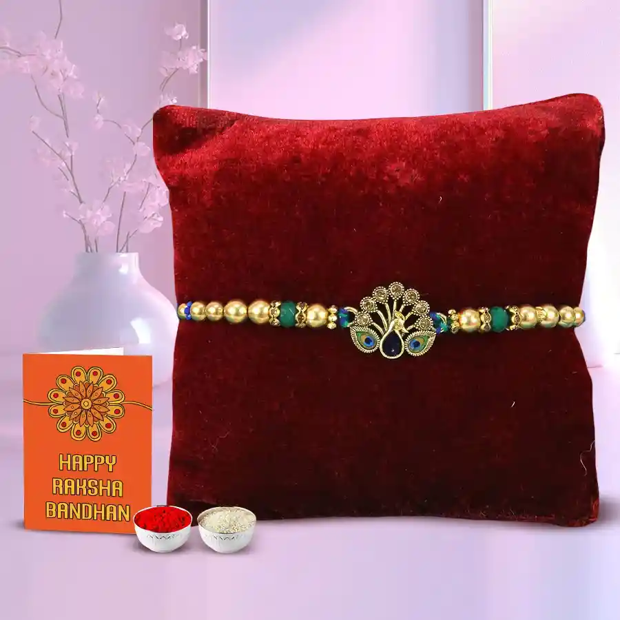 Rakhi set with traditional roli and chawal for celebrating Raksha Bandhan