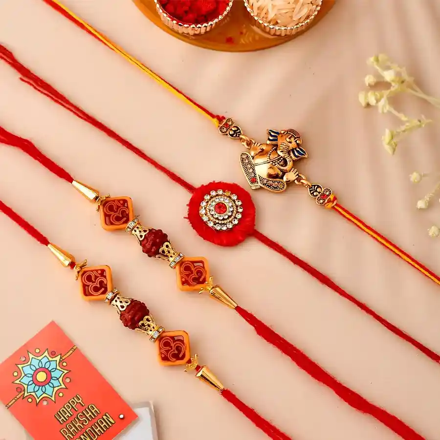 4 Rakhi Set featuring vibrant rakhis, traditional roli and chawal, and a customizable message card.