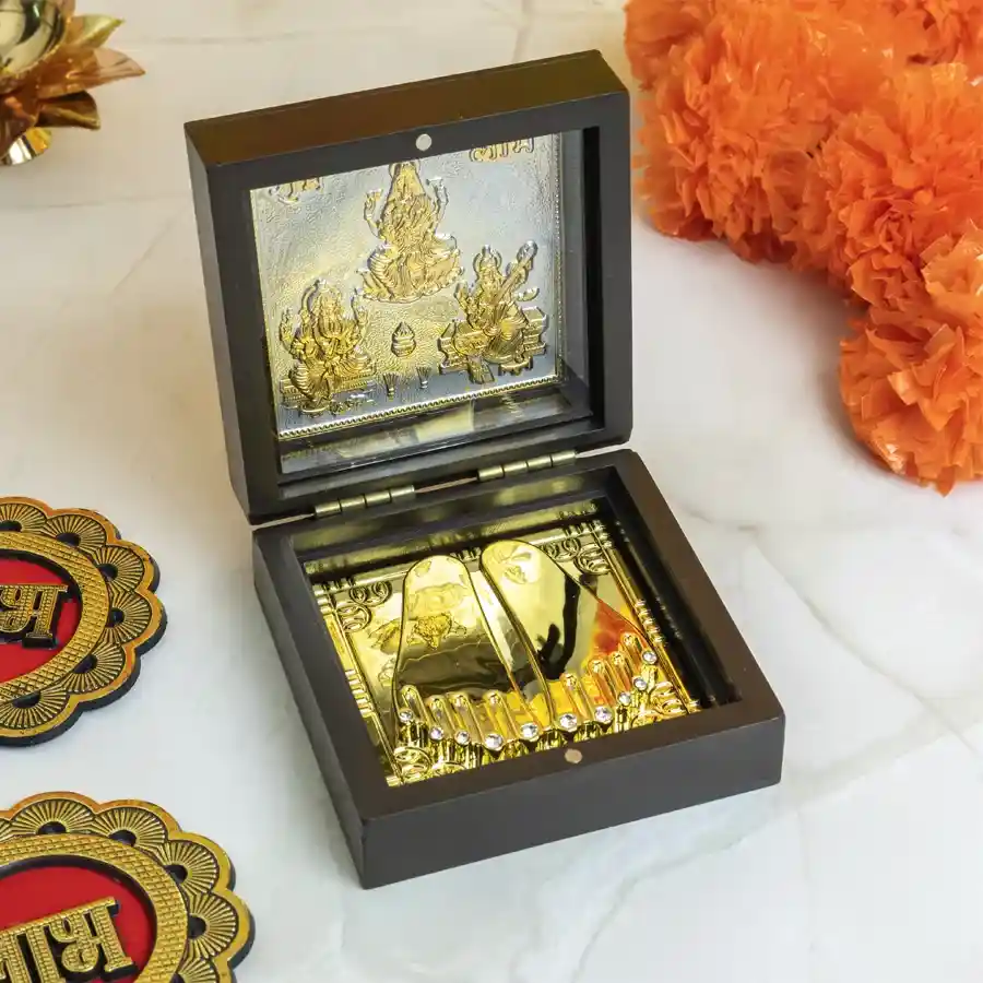 Sacred Laxmi Paduka Gift Box featuring beautifully crafted padukas and an elegant design