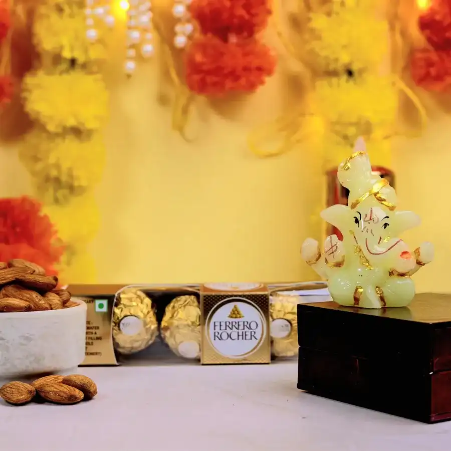Celebration Bundle featuring Glowing Ganesha, Ferrero Rocher chocolates, and roasted almonds