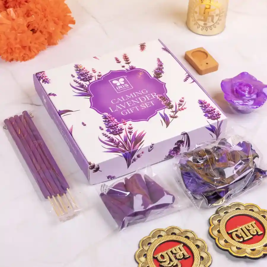 Serenity Lavender Gift Set featuring lavender-infused products and a Subh Labh Sticker arranged beautifully