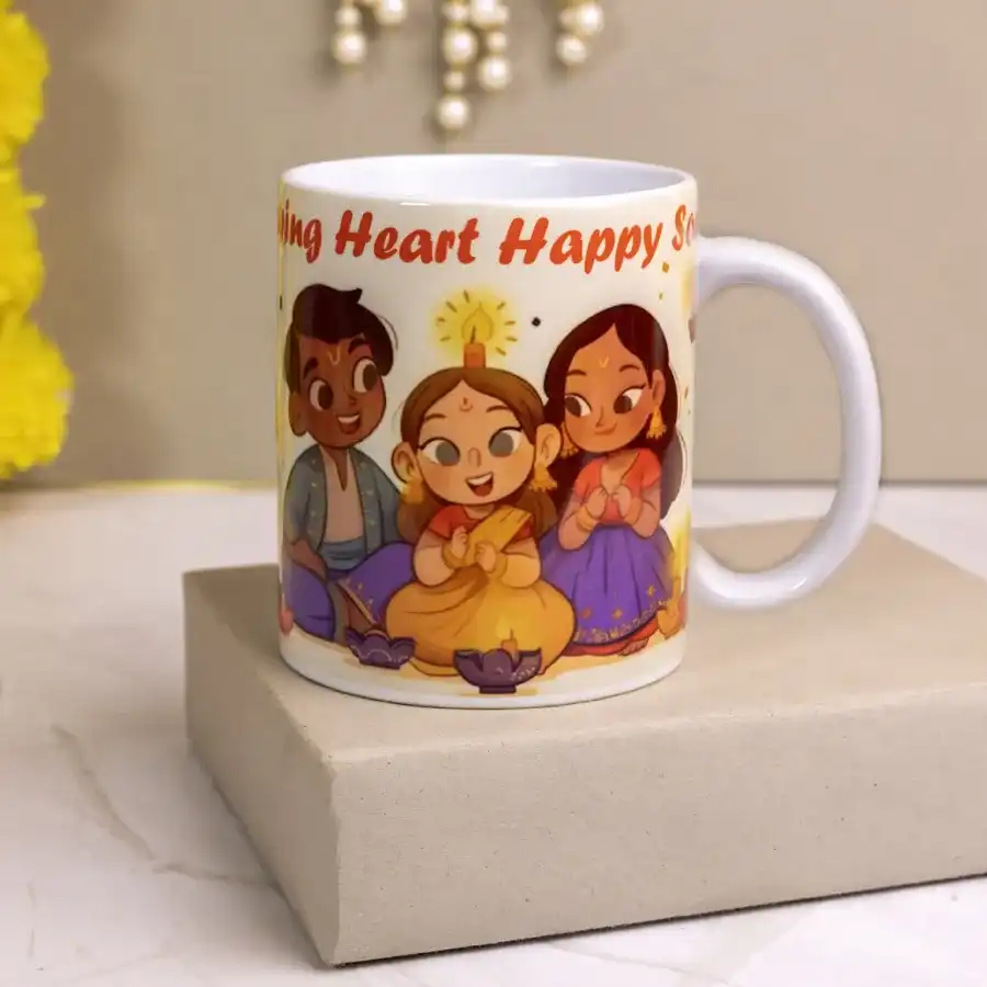 Ceramic mug with a glowing heart design, radiating warmth and positivity against a light background.