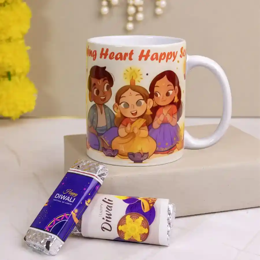 Charming Mug with Glowing Heart design paired with two homemade chocolate bars in a gift set arrangement.