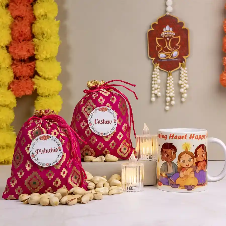 Diwali Wishes N Treats Gift Set featuring crunchy cashews, pistachios, a Glowing Heart Happy Souls Mug, and LED tea lights in a festive arrangement.