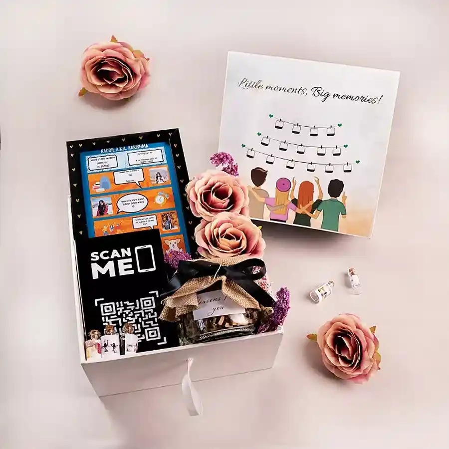 Cherished Moments Treasure Box with photo frame, video scan card, love message jar, and floral decorations