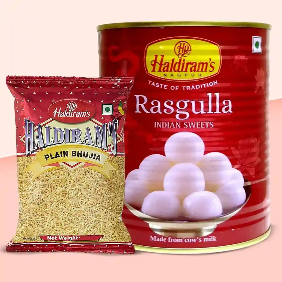 Rakhi hamper featuring 1 kg of Rasgullas, 200 g of Bhujia, 4 Rakhis, and a message card