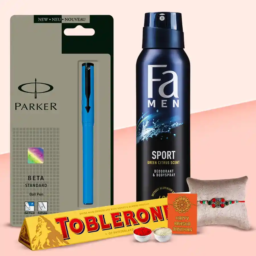 Toblerone chocolate, Parker pen, FA deodorant, Rakhi, Roli, Tilak, and Chawal in a gift bundle.