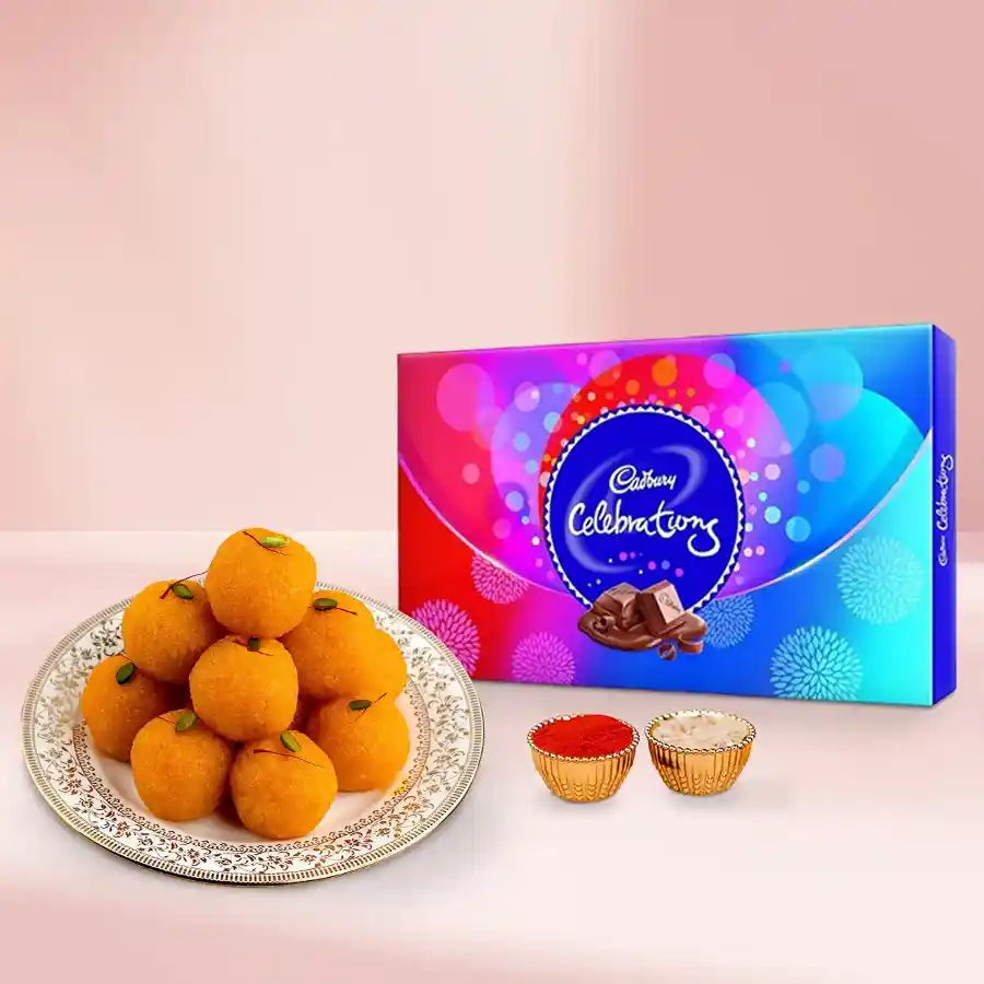 Delectable combo of Cadbury Celebrations chocolates and Haldirams Ladoo sweets with festive offerings of Roli, Tika, and Chawal