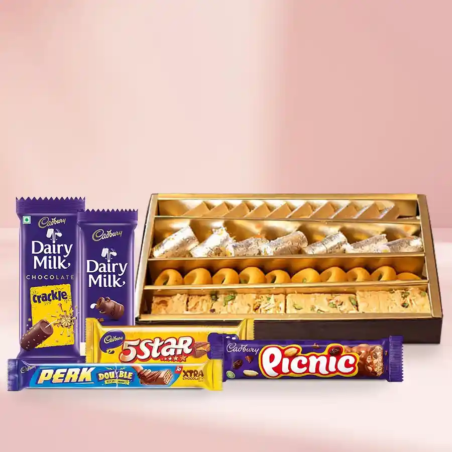 Classy assortment of Haldiram sweets and Cadbury chocolates for Mother's Day gift