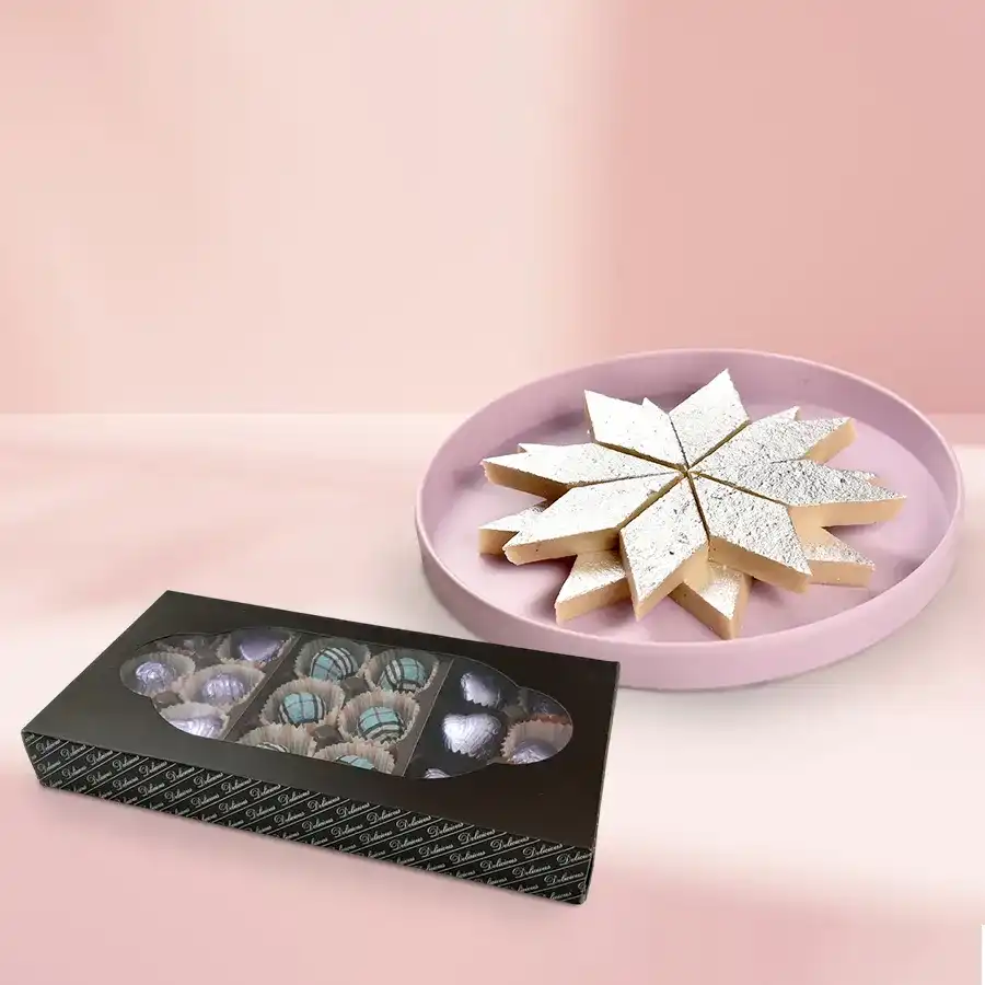 Homemade chocolates and Haldirams Kaju Katli combo gift pack with 18 pieces arranged beautifully