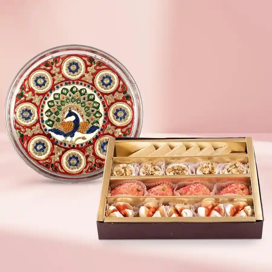 Striking Minakari Pooja Thali with Haldirams Assorted Sweets in an elegant presentation