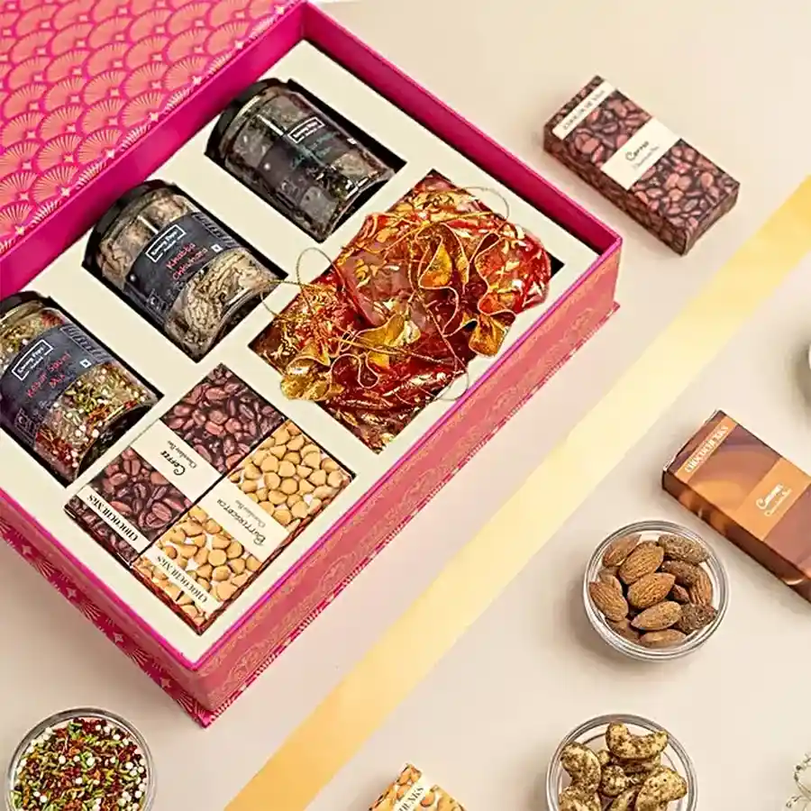 Irresistible Choco Nutty Gift Box featuring assorted Mukhwas, chocolate bars, and roasted nuts