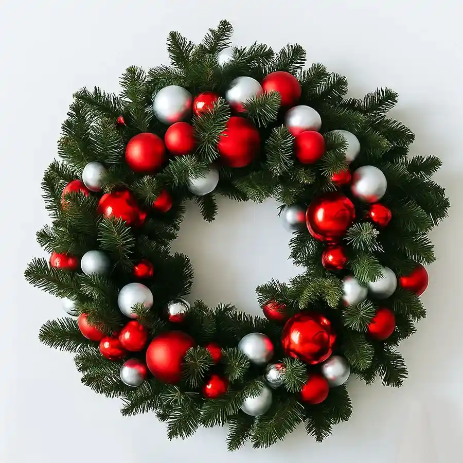 Enticing Christmas Wreath featuring lush evergreens, twinkling ornaments, and a festive bow