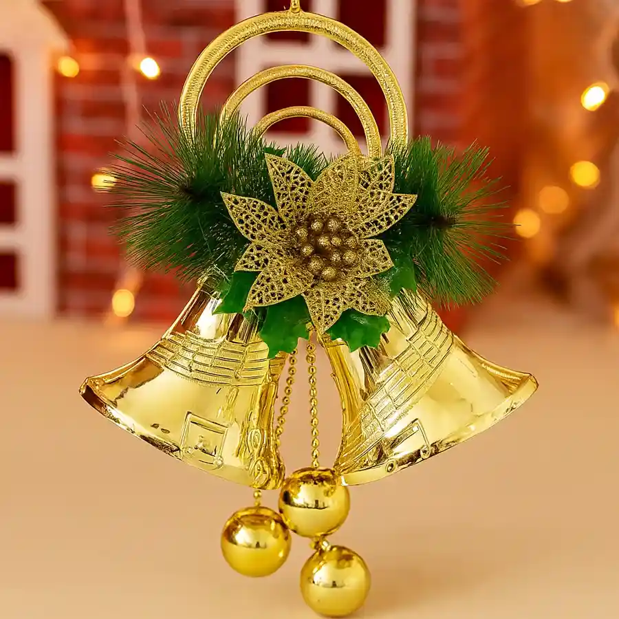 Colorful handcrafted Christmas bells with sparkling details against a festive backdrop.
