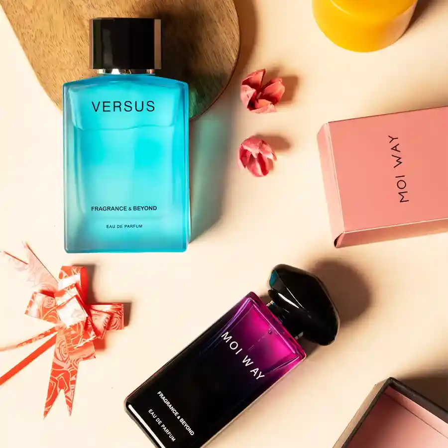 Love in the Air Perfume Set featuring Versus N Moi Way perfumes for him and her in 100ml bottles with elegant packaging