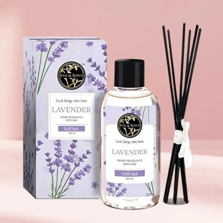 Bottled Earth Reed Diffuser Set with fragrance refill and fiber reeds on a decorative surface