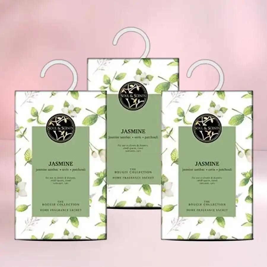 Serene Jasmine Fragrance Sachet Trio featuring three sachets in elegant packaging, infused with jasmine, patchouli, and ylang-ylang scents.