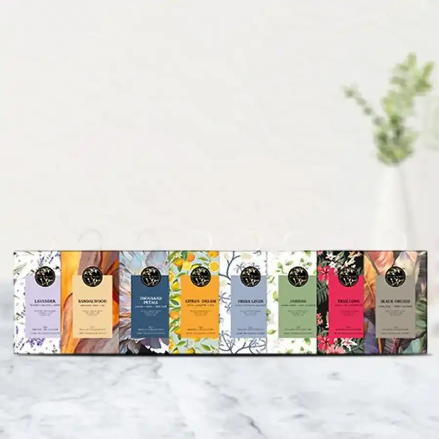 Luxurious Sandalwood Aroma Combo Set with eight sachets displayed elegantly in a gift box.