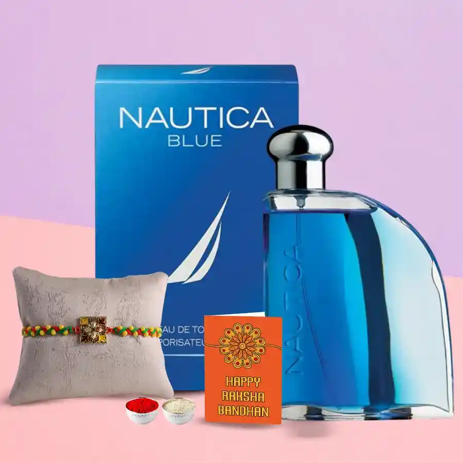 Showy Rakhi gift set featuring a vibrant rakhi, 100ml Nautica Blue EDT perfume, and traditional roli, tilak, and chawal.