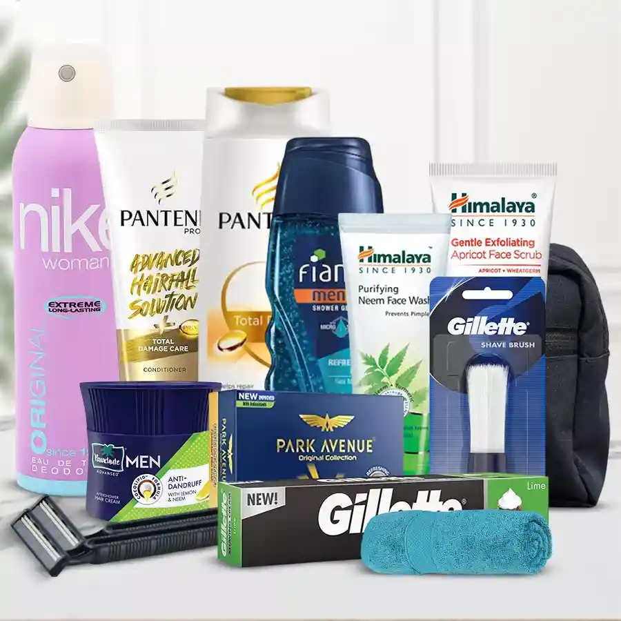 Remarkable Daily Routine Care Kit featuring premium grooming essentials including deodorant, face wash, shower gel, soap, and grooming tools, beautifully presented with a towel and travel kit.