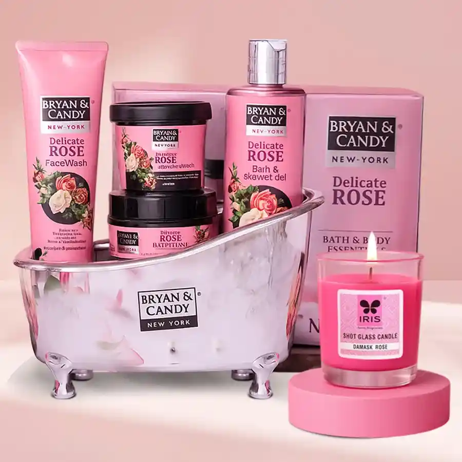 Graceful Rose Bath Tub Spa Set with Iris Shot Glass Aroma Candle arranged aesthetically