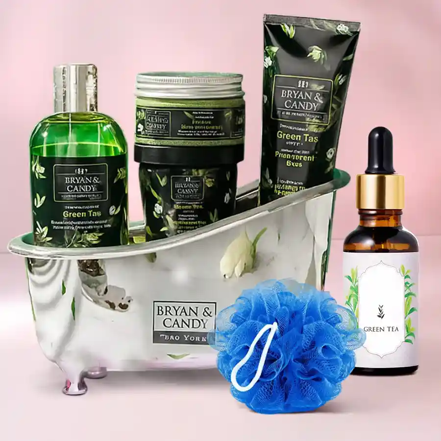 Stunning Green Tea Bath Tub Home Spa Set with essential oil and loofah displayed elegantly