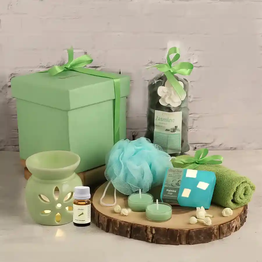 Soothing Jasmine Soap Spa Gift Set including bathrobe, jasmine bathing bar, face towel, aroma diffuser, jasmine potpourri, bath puff, and green tea essential oil
