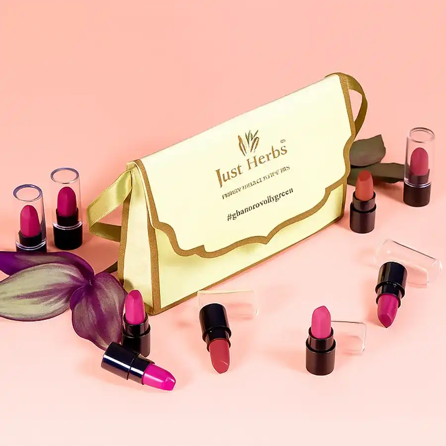 A close-up of Just Herbs Ayurvedic Creamy Matte Lipstick in a vibrant yellow shade, elegantly packaged, surrounded by flowers, designed for Mother's Day gifting.